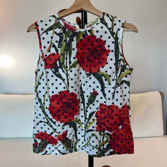 Dolce Tops - Floral Polka Dot Cotton Sleeveless Blouse with Back Tie Dolce Gabana